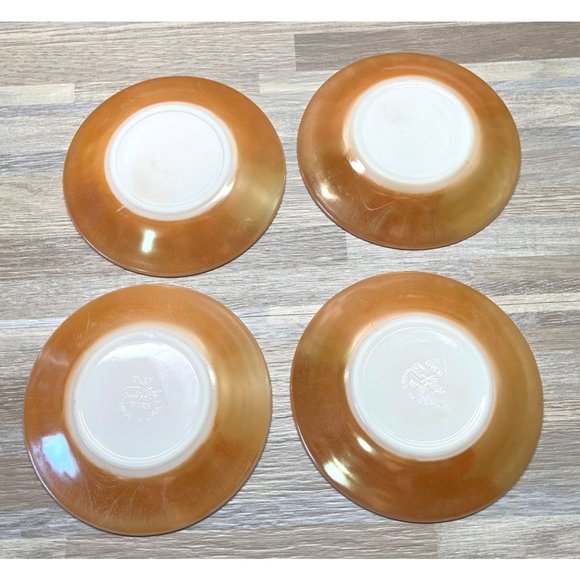 Vintage Fire King Iridescent 3 Bands Peach Lustre Saucers Lot of 4 - Picture 6 of 11